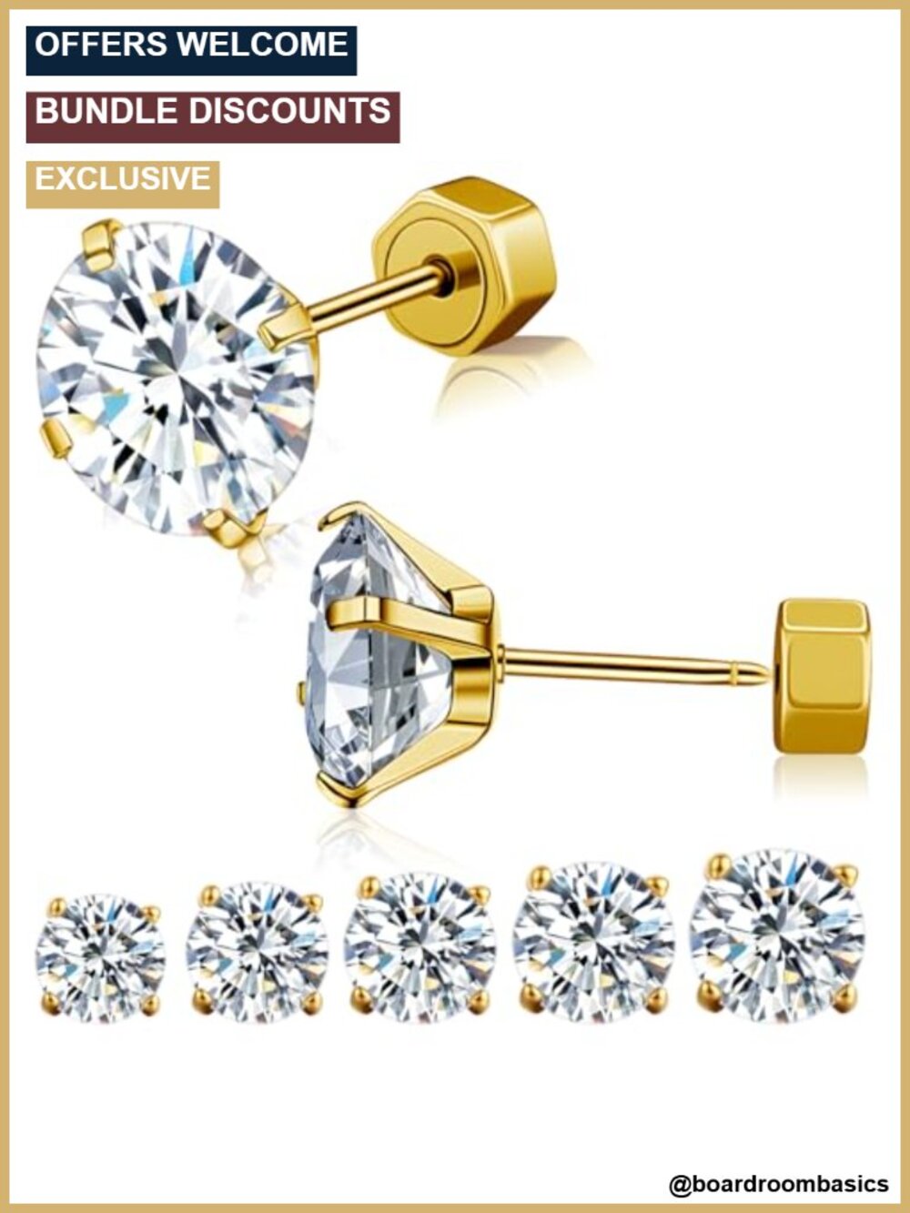 14K Gold Plated Cubic Zirconia Stud Earrings Screw Back Round Cut